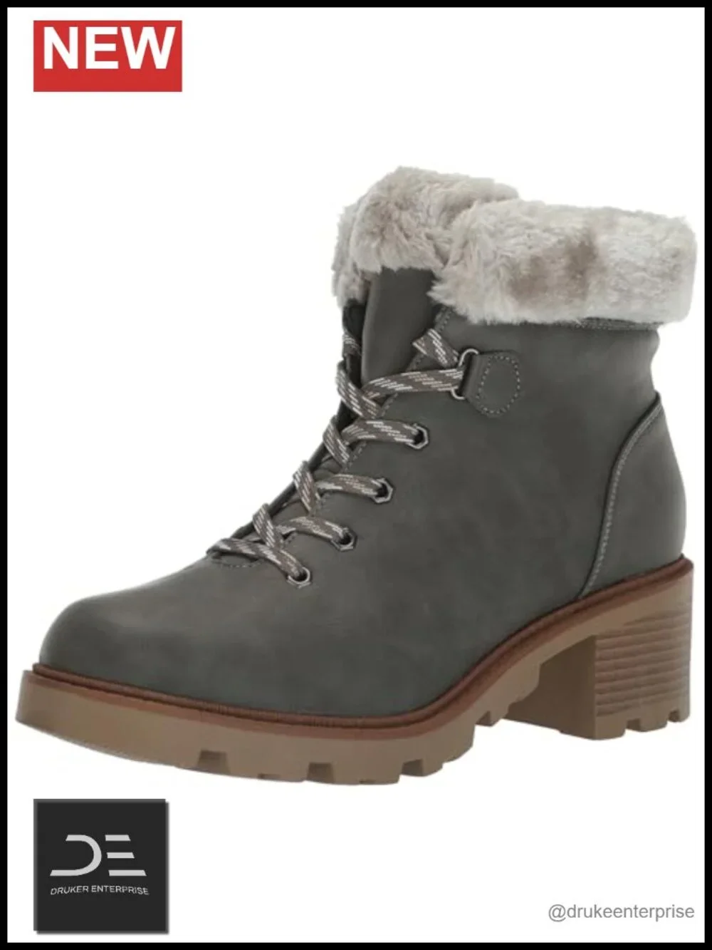 EVANS Women's Wide Fit Taupe Winter Boot with Faux Fur Trim, Block Heel, Slip-On